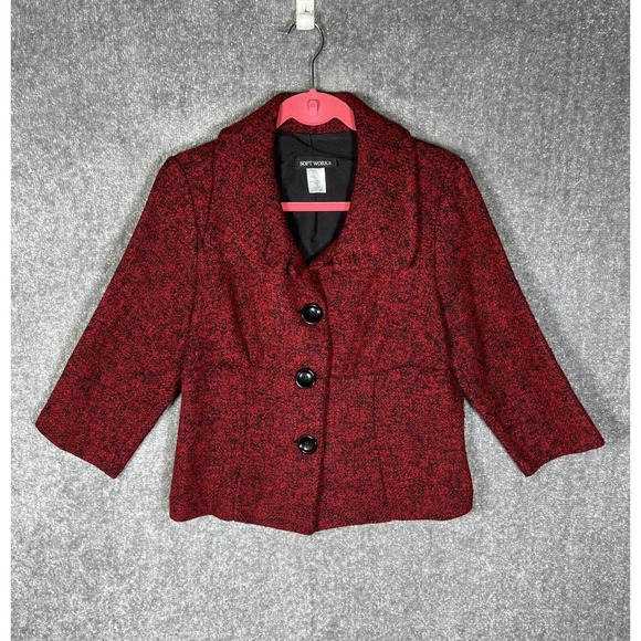 Soft Works Wool Blend 3 Button Knit Blazer Womens Size 10 Red Black 3/4 Sleeve - Picture 1 of 14